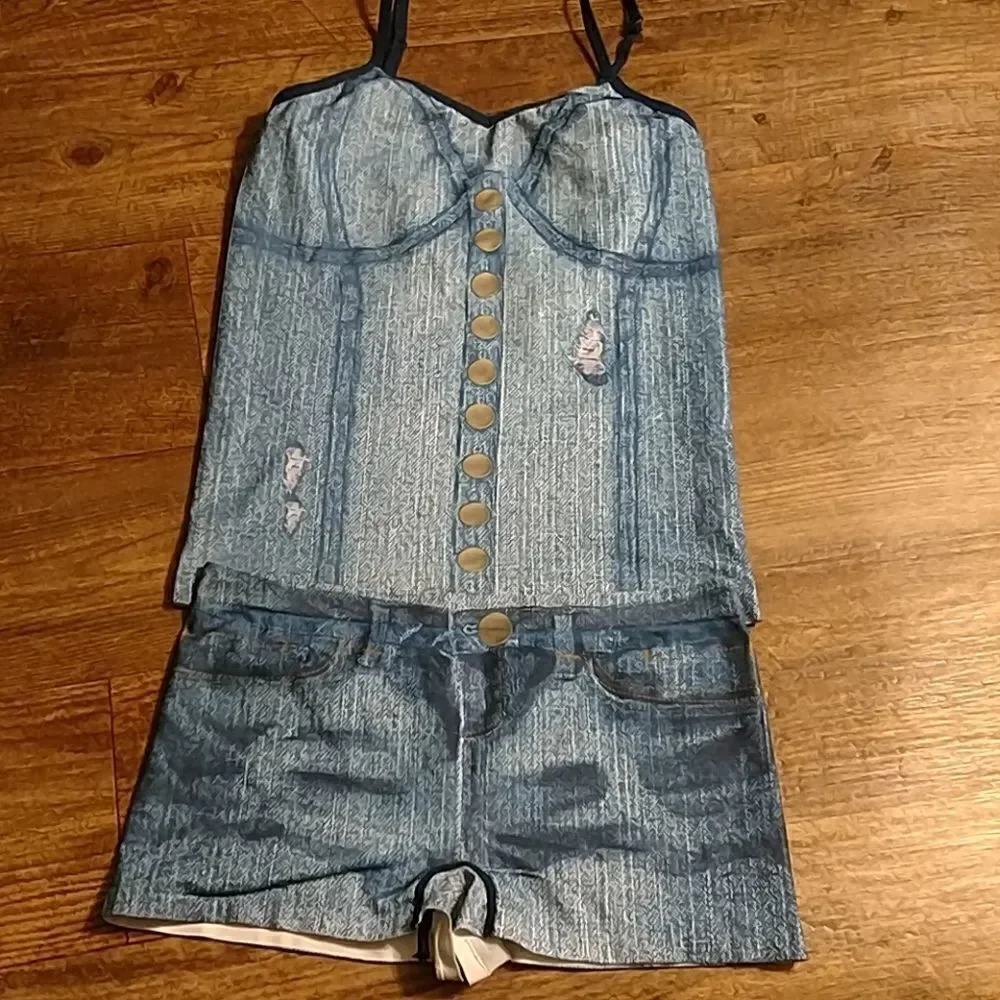 the denim look, Stretchy‎ boy shorts and tank top set